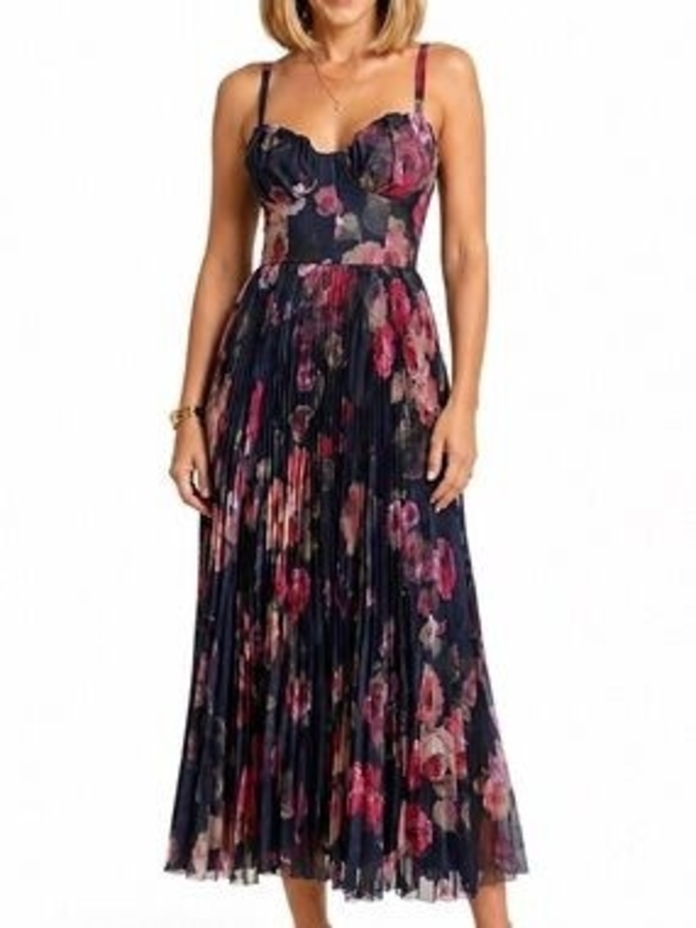 Lulus Navy Midi Dress with Pink Floral Print